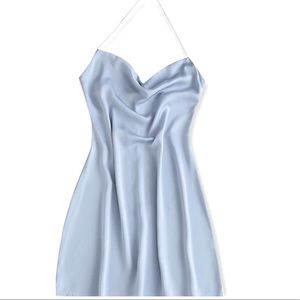 BRAND NEW blue silk dress with pearl halter neckline